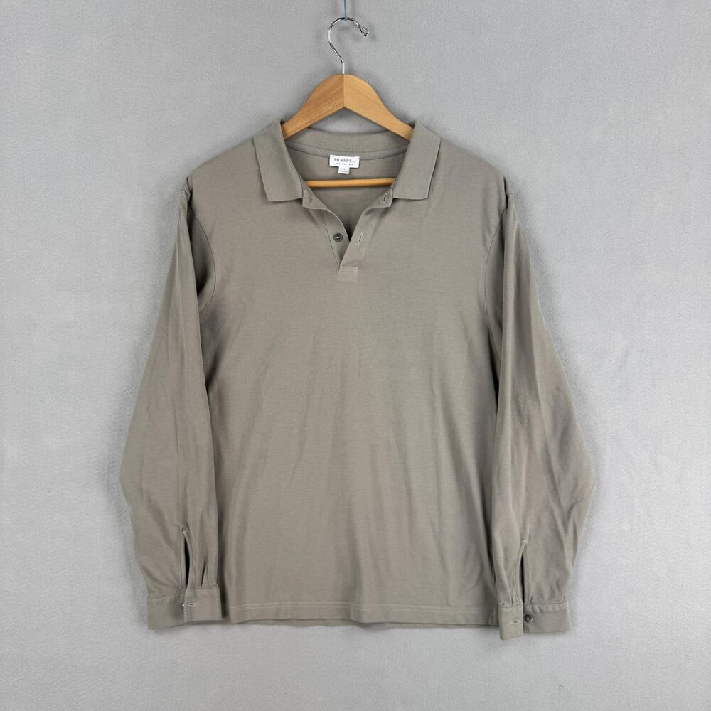 Sunspel Long Sleeve Polo Shirt Mens XL Gray 100% Cotton Knit Lightweight Casual